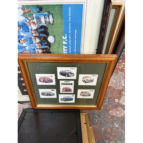 271 - Ten framed pictures and prints to include Mini Cooper, Manchester City, Stephen Grayford pencil sign... 