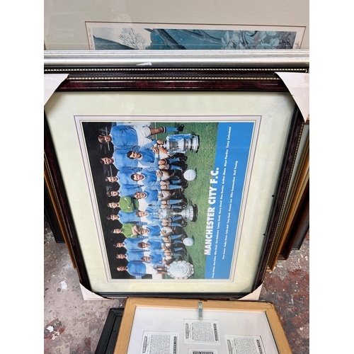 271 - Ten framed pictures and prints to include Mini Cooper, Manchester City, Stephen Grayford pencil sign... 