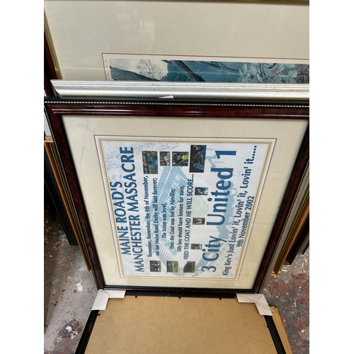 271 - Ten framed pictures and prints to include Mini Cooper, Manchester City, Stephen Grayford pencil sign... 