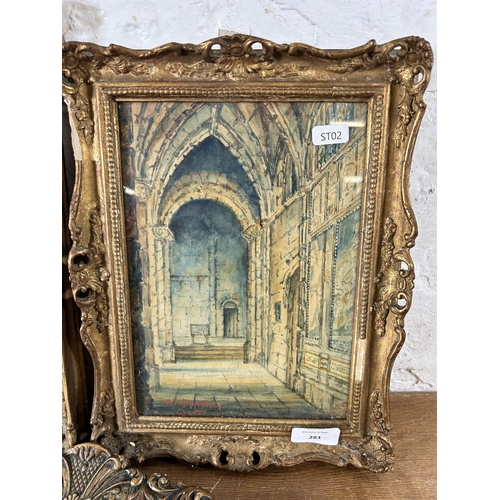 283 - Three gilt framed items, one wall mirror and two watercolours signed M. S. D.