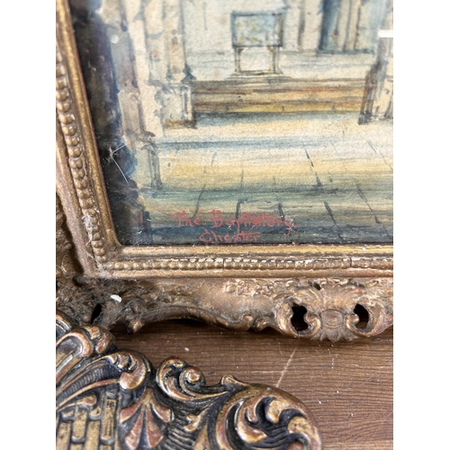 283 - Three gilt framed items, one wall mirror and two watercolours signed M. S. D.