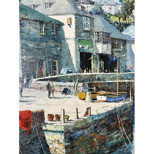 284 - An unframed oil on canvas of a harbour scene, signed Donald Greig - approx. 51cm high x 66cm wide