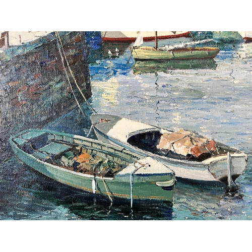 284 - An unframed oil on canvas of a harbour scene, signed Donald Greig - approx. 51cm high x 66cm wide