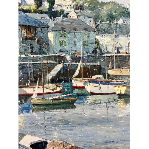 284 - An unframed oil on canvas of a harbour scene, signed Donald Greig - approx. 51cm high x 66cm wide