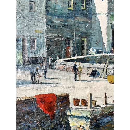 284 - An unframed oil on canvas of a harbour scene, signed Donald Greig - approx. 51cm high x 66cm wide