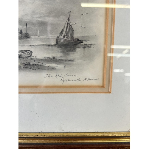 286 - An early 20th century gilt framed pencil sketch of The Red Tower Lynmouth, signed lower left and dat... 