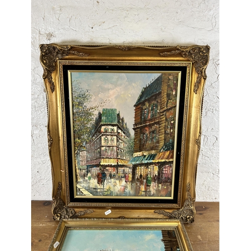 301 - Two gilt framed Parisian scene acrylic paintings on canvas - largest approx. 68cm high x 57cm wide