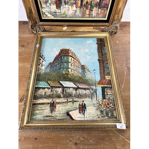 301 - Two gilt framed Parisian scene acrylic paintings on canvas - largest approx. 68cm high x 57cm wide