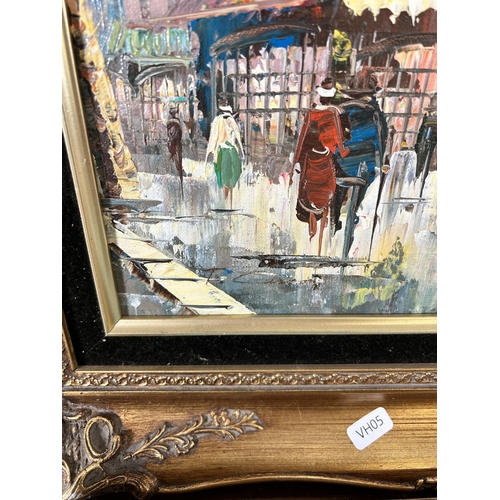 301 - Two gilt framed Parisian scene acrylic paintings on canvas - largest approx. 68cm high x 57cm wide