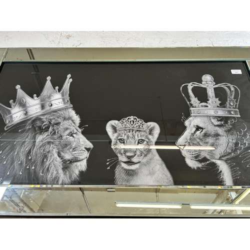 305 - A modern lion family glitter art bevelled edge decorative wall hanging/mirror - approx. 65cm high x ... 