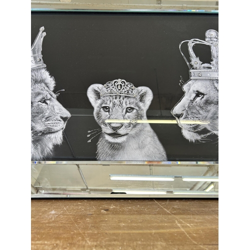 305 - A modern lion family glitter art bevelled edge decorative wall hanging/mirror - approx. 65cm high x ... 