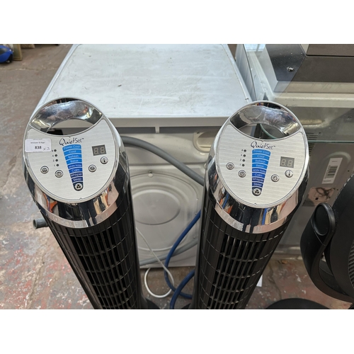 838 - Three floor standing fans, two Honeywell Quiet Set tower and one black plastic