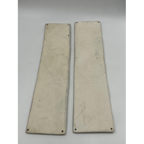 342 - Two tubelined ceramic wall plaques - approx. 46cm high 12cm wide