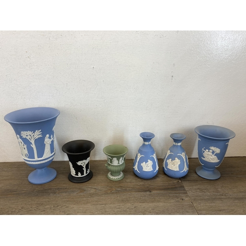 364 - A collection of Wedgwood Jasperware to include pale blue twin handled sugar bowl, black vase, trinke... 