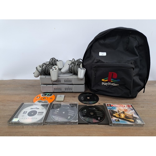 724 - A Sony PlayStation branded rucksack containing two PlayStation consoles, four PlayStation controller... 