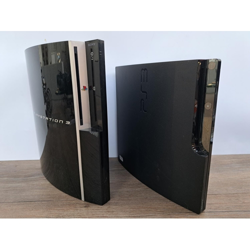 740 - Two Sony PlayStation 3 consoles, one Slim and one original with cables, four controllers, three Dual... 