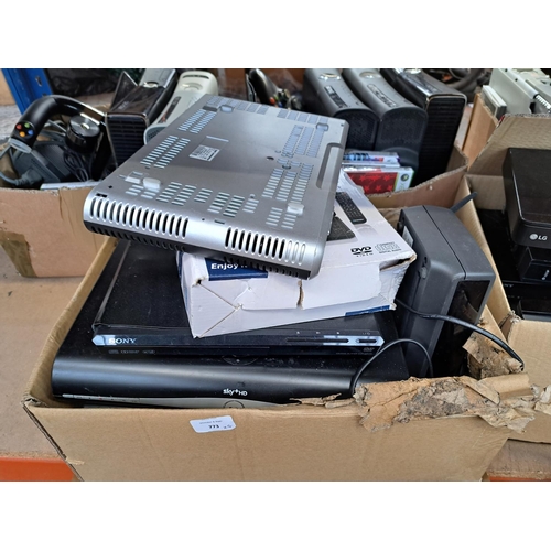 773 - A large collection of AV items to include LG BP240 Blu-Ray player, DVD players, Sky boxes, remotes e... 