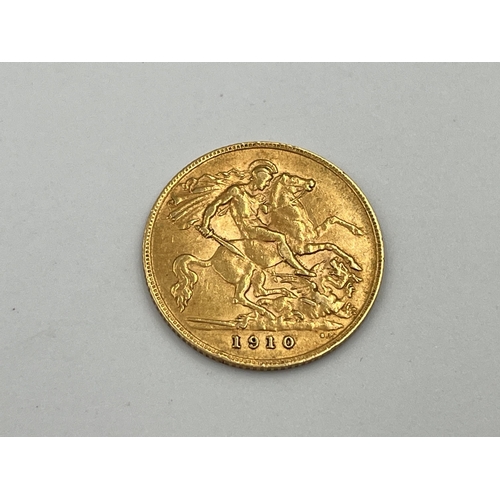 2306 - A 1910 Edward VII 22ct gold half sovereign - approx. gross weight 4g