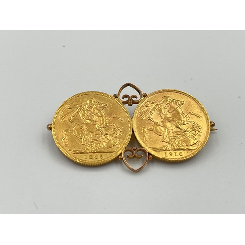 Two 22ct gold full sovereigns set in yellow metal brooch, one 1895 Queen Victoria and one 1910 Edward VII - approx. gross weight 17.2g