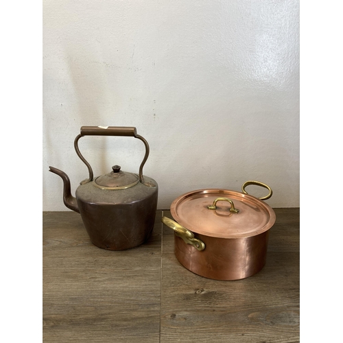 404 - Six pieces of 19th century and later metalware to include copper coal scuttle, copper and brass lidd... 