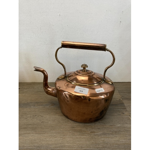 413 - Five pieces of 19th century and later metalware to include copper kettle, embossed brass wall charge... 