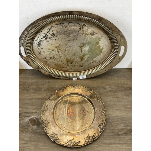 417 - A collection of metalware to include EPNS circular plate with wheat design border - approx. 29cm dia... 