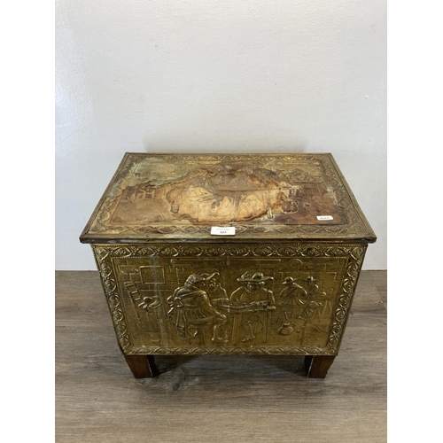 427 - A mid 20th century embossed brass coal store - approx. 41cm high x 46cm wide x 31cm deep