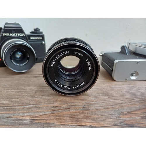 633 - Four Pentacon Praktica items, one BCA Electronic 35mm SLR camera fitted with Soligor f=35mm 1:3.5 wi... 