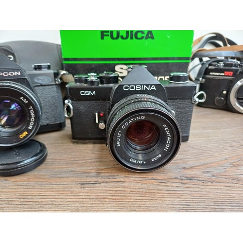 638 - Five 35mm SLR cameras, one boxed Fujica ST705w, one cased KMZ Zenit-E fitted with Helios-44-2 2/58 l... 