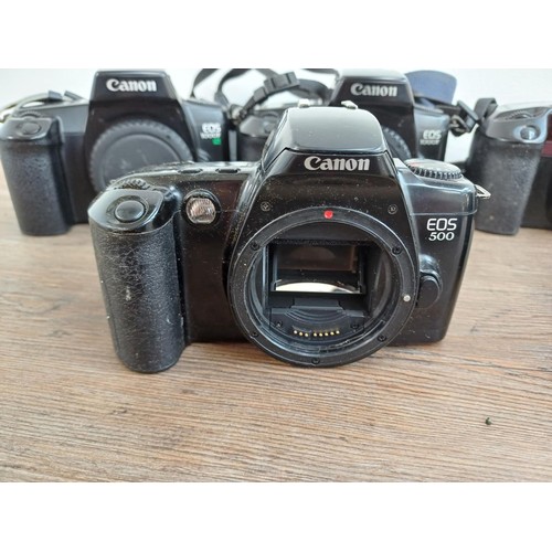 647 - Six Canon EOS 35mm SLR camera bodies, 500, 10, 500N, 1000FN, 1000F and 100