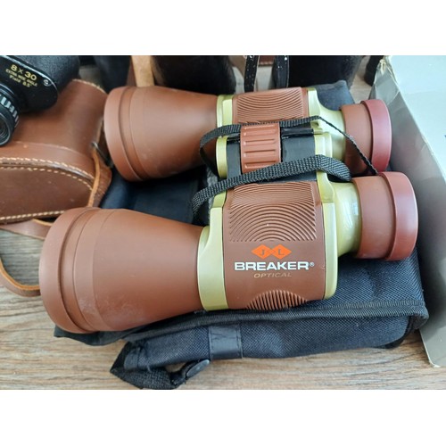 649 - Five pairs of cased binoculars, Tobishika 18-52 x 80 zoom, Ross Solaross 16 x 60, JL Breaker Optical... 