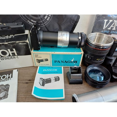 650 - A collection of photography accessories to include boxed Ricoh XR Winder-1, boxed Panagor zoom slide... 