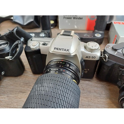 669 - A collection of Pentax items to include MG, P30N, MZ-50 and P30T 35mm SLR cameras etc.