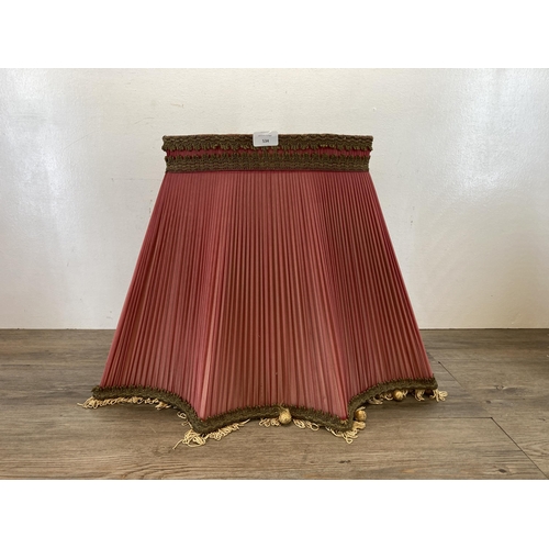 534 - A country house style pink pleated table lamp shade with tassels - approx. 46cm high x 60cm wide