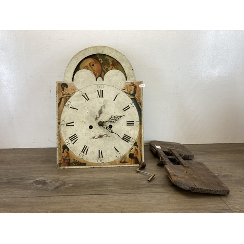 536 - A 19th century hand painted Grandfather clock face and movement - approx. 51.5cm high x 36cm wide