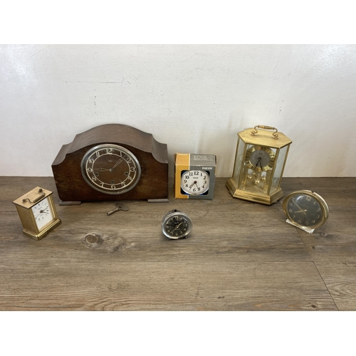 548 - Six vintage clocks to include 1930s Smiths Enfield Westminster chime mantle clock, Metamec brass cas... 