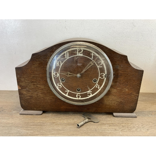 548 - Six vintage clocks to include 1930s Smiths Enfield Westminster chime mantle clock, Metamec brass cas... 