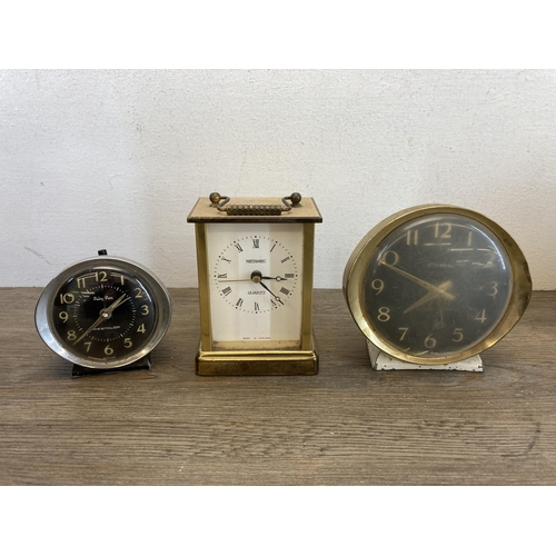 548 - Six vintage clocks to include 1930s Smiths Enfield Westminster chime mantle clock, Metamec brass cas... 