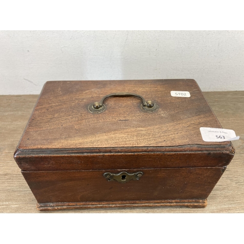 563 - A Georgian mahogany three section tea caddy - approx. 12cm high x 22.5cm wide x 13.5cm deep