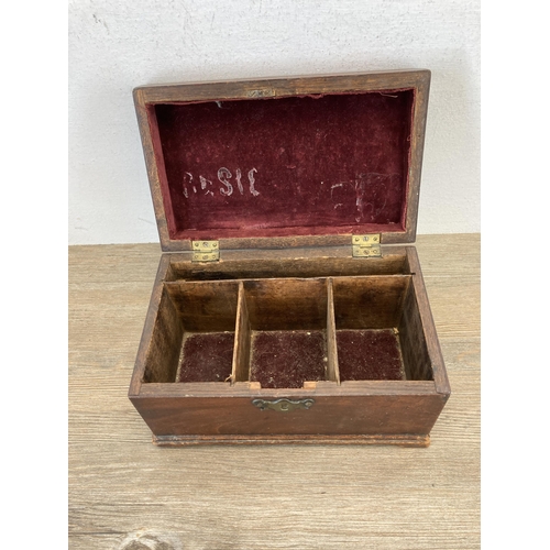 563 - A Georgian mahogany three section tea caddy - approx. 12cm high x 22.5cm wide x 13.5cm deep