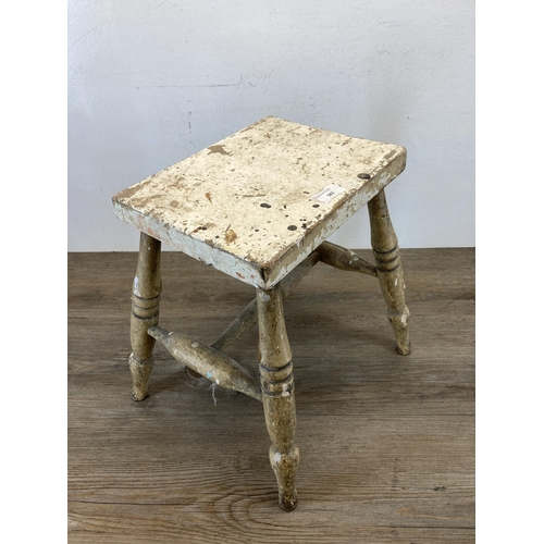 583 - A 19th century painted pine farmhouse stool - approx. 36cm high