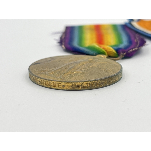 2006 - Two WWI British medals, one Victory presented to 266153 Pte. E. Hulme R. Lanc. R. and one War presen... 