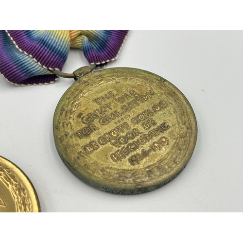 2012 - Two WWI British Victory medals, one presented to M-334368 Pte. F. J. Bean A.S.C. and one presented t... 