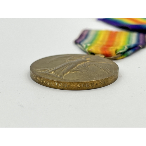 2013 - Two WWI British Victory Cheshire Regiment medals, one presented to 243874 Pte. A. Gaulton and one pr... 