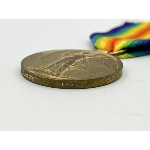 2013 - Two WWI British Victory Cheshire Regiment medals, one presented to 243874 Pte. A. Gaulton and one pr... 