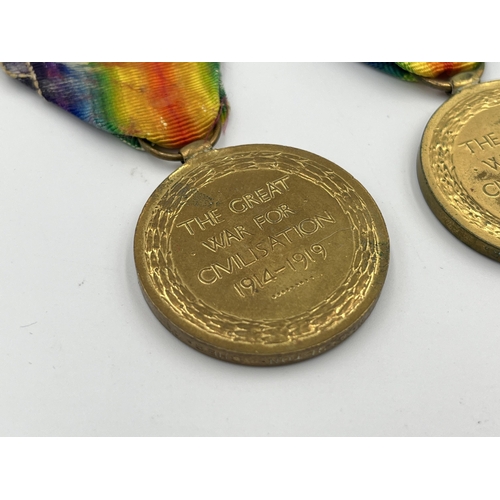 2013 - Two WWI British Victory Cheshire Regiment medals, one presented to 243874 Pte. A. Gaulton and one pr... 