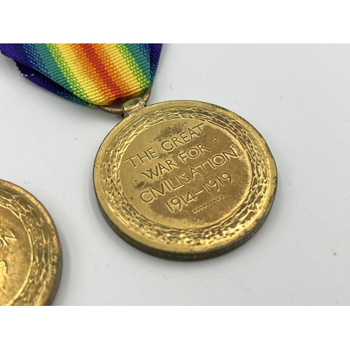 2013 - Two WWI British Victory Cheshire Regiment medals, one presented to 243874 Pte. A. Gaulton and one pr... 