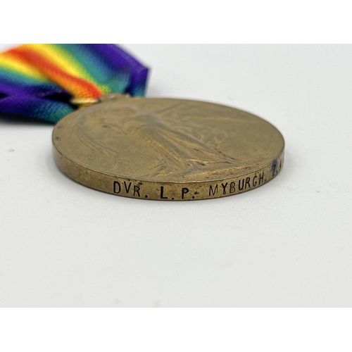 2018 - Two WWI British Victory medals, one presented to Dvr. L.P. Myburgh Z.A.D.K. and one presented to L/C... 