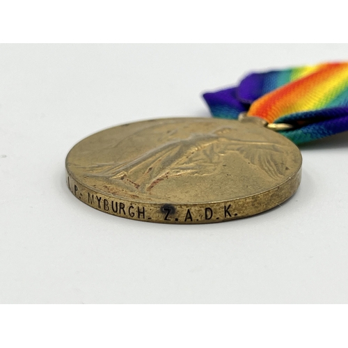 2018 - Two WWI British Victory medals, one presented to Dvr. L.P. Myburgh Z.A.D.K. and one presented to L/C... 