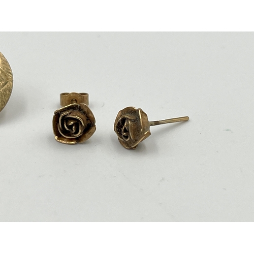 2414 - Five pieces of jewellery, one 9ct gold earring, two 9ct gold floral earrings and two yellow metal en... 